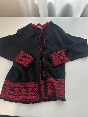 Fine knit Black & Red Patterned Women's Cardigan Sweater